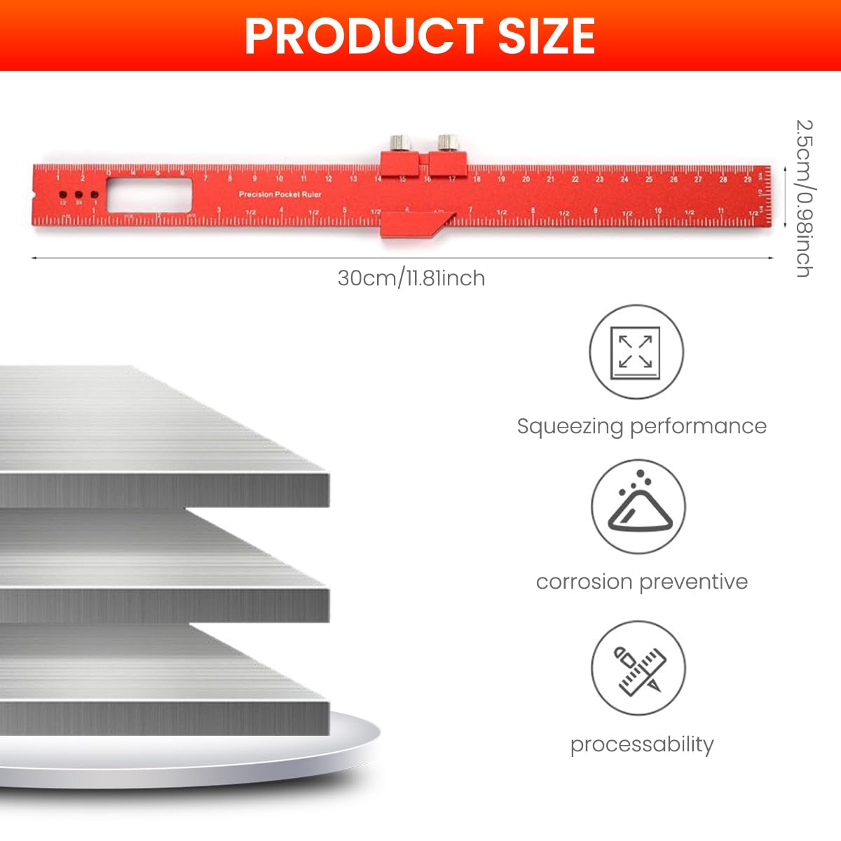 Serplex Woodworking Ruler 300mm 11 inch for DIY and Craft featuring Sliding 45 Degree Guides