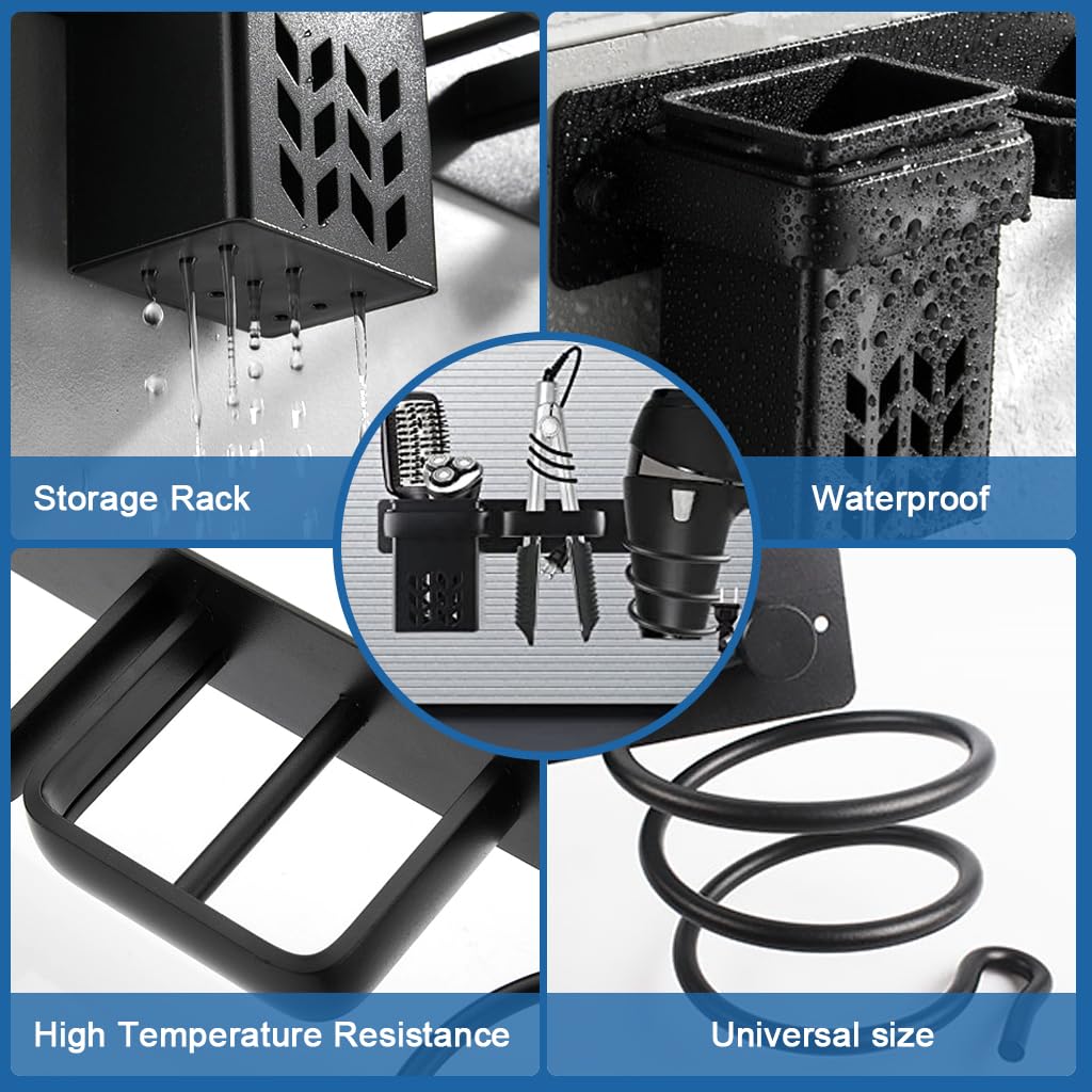 HASTHIP Hair Dryer Stand for Wall with 3 in 1 Storage Basket and Plug Hook | Black Aluminum Organizer