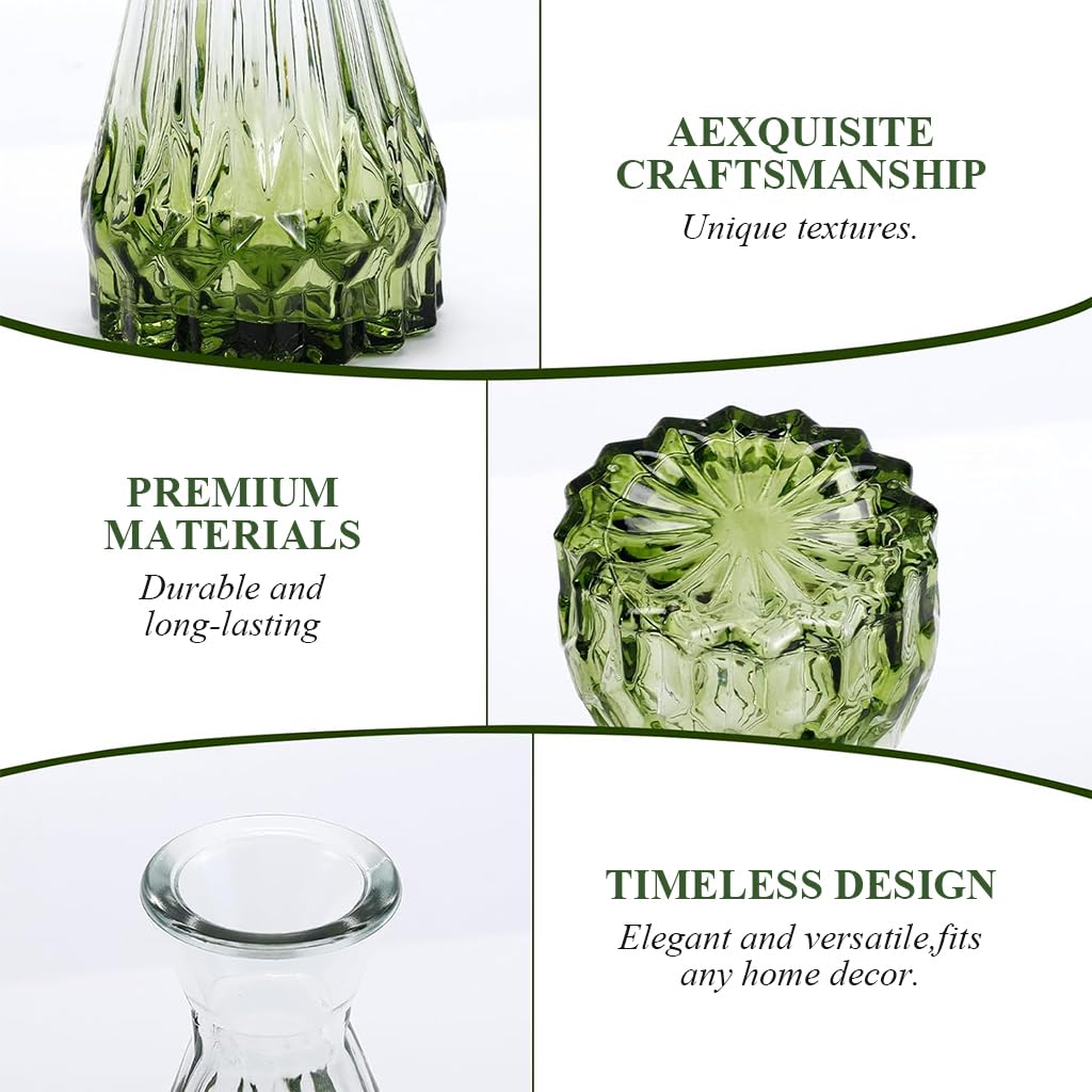 HASTHIP Glass Vase Set for Flower Arrangement featuring 10 Retro Embossed Designs | Transparent Green Gradient Decor
