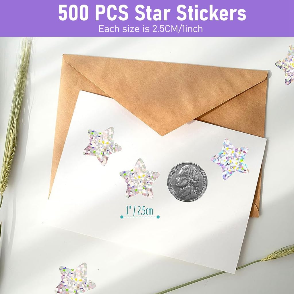 HASTHIP® 500Pcs Holographic Glitter Star Stickers, 1 inch/2.5cm Self Adhesive Small Star Stickers for Reward Charts, Incentive Stickers Sparkly Star Stickers for Kids Teachers School Office