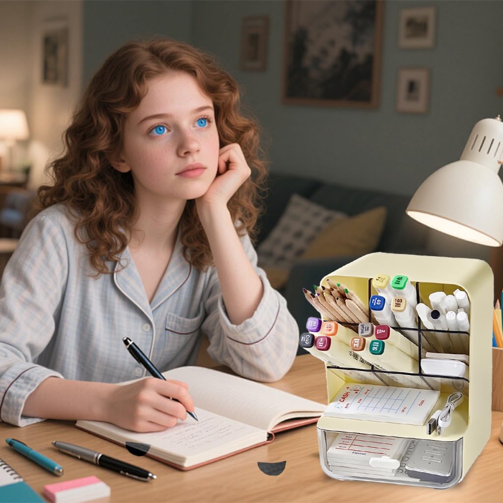 Zibuyu Acrylic Makeup Desk Organizer for Vanity and Office with 6 Partitions & Drawer | 7 x 5.4 x 9.45 in Clear PET Storage