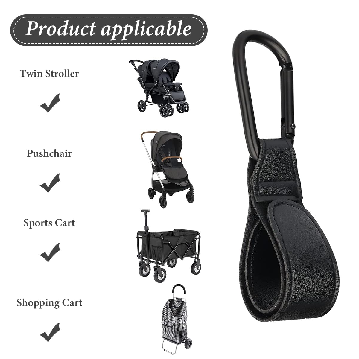 SNOWIE SOFT Stroller Hook 2pcs for Pram and Pushchair with PU Leather Strap and Carabiner | Black