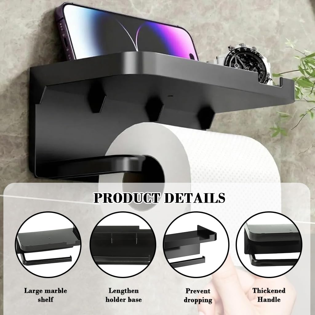 HASTHIP Toilet Paper Roll Holder for Bathroom with Mobile Shelf and Self Adhesive Mount 18x10x8cm Black