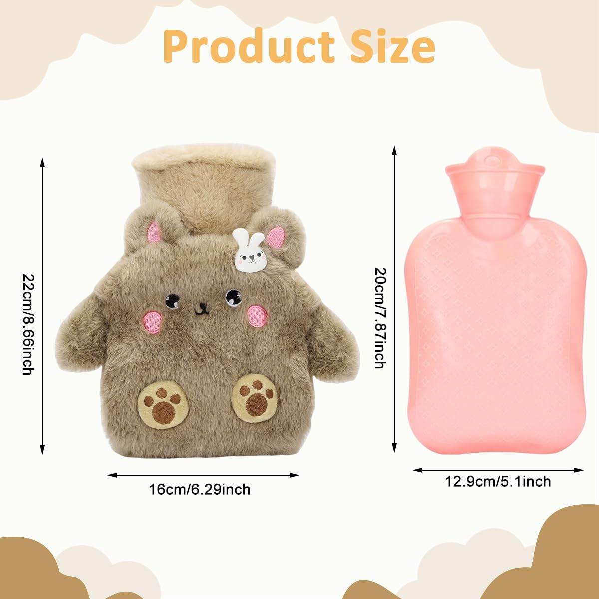 HANNEA Hot Water Bottle for Cramps and Pain Relief with Anti Leak Stopper and Soft Cover | Brown