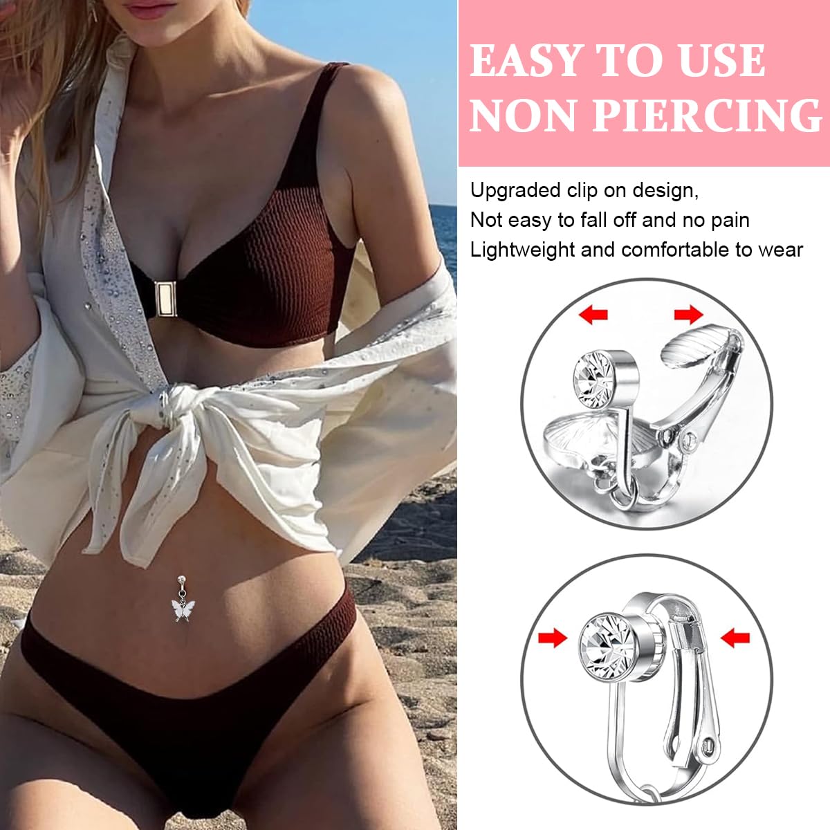 SANNIDHI Fake Belly Button Rings, Clip On Belly Piercing Jewelry, 316L Stainless Steel Heart-shape/Evil Eye Rhinestone Navel Belly Rings for Women Girls - Non Piercing, Silver (Butterfly)