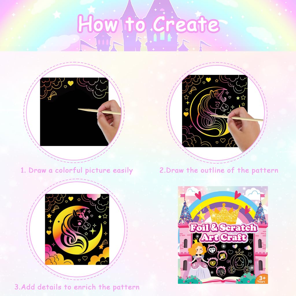 PATPAT DIY Foil and Scratch Kit for Kids with 12 Art Sheets and 80 Glitter Papers | 2 in 1 Creative Craft Set