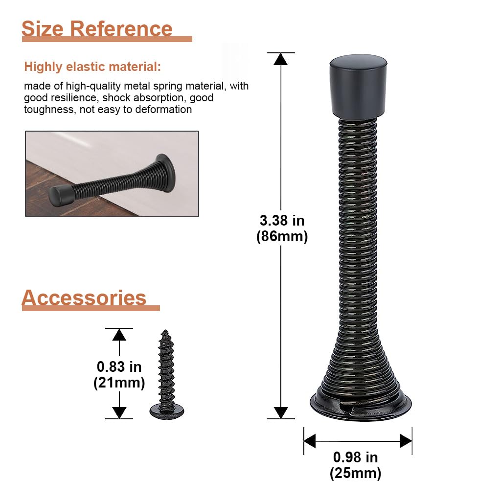 Supvox Door Stops for Baseboards with Screw Mounted Spring Design 6pcs Stainless Steel | Black Rubber Tips for Wall Protection