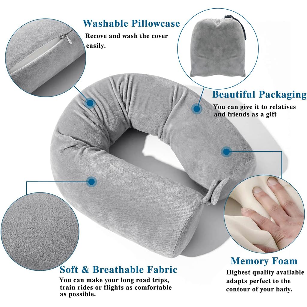 HANNEA Twist Memory Foam Neck Pillow for Travel and Office with Bendable Rod Support | Soft Washable Velvet Cover
