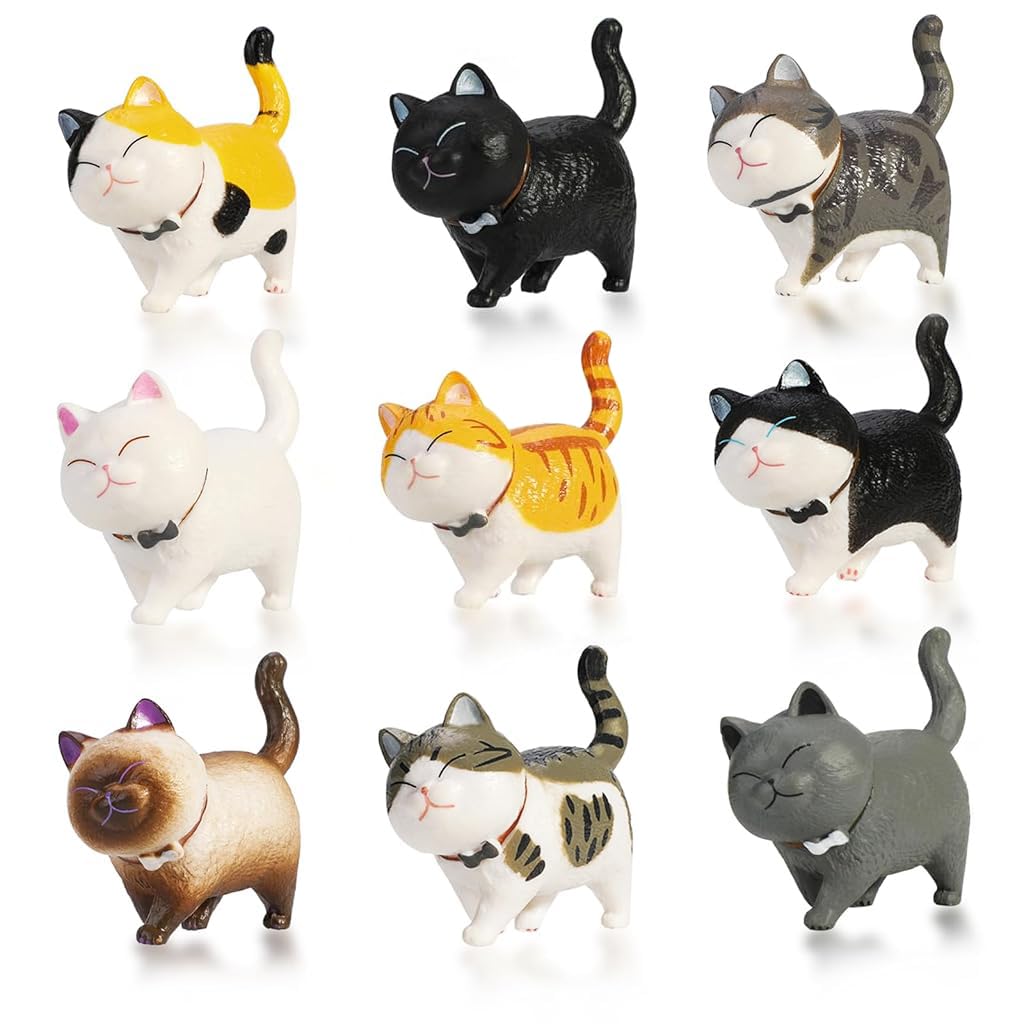 ZIBUYU Mini Cat Figurine Set for Home Decoration featuring 9 PVC Cats | Gift for Cat Lovers