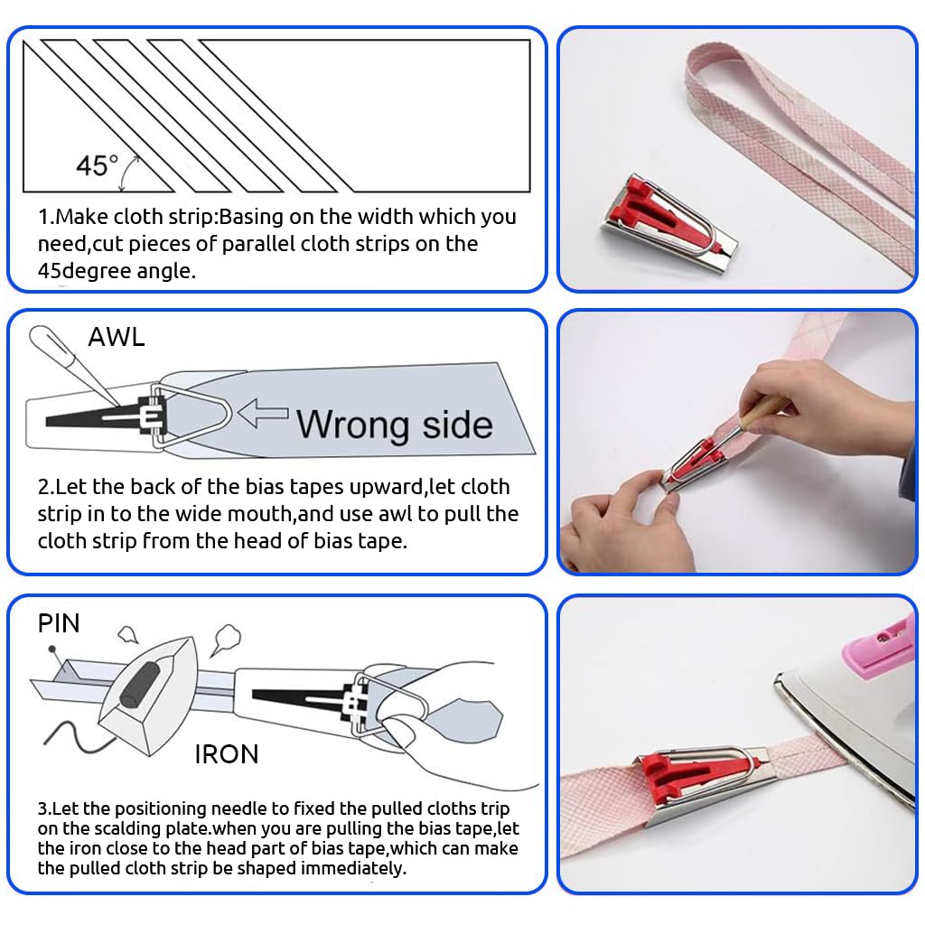 HASTHIP® Bias Tape Tool Kit with Instruction, 5 Sizes Bias Tape Maker (6mm 9mm 12mm 18mm 25mm) with 4 Pcs Sewing Machine Presser Foot, Sewing Clips, Ball Point Pins, Awl, for Fabric Sewing