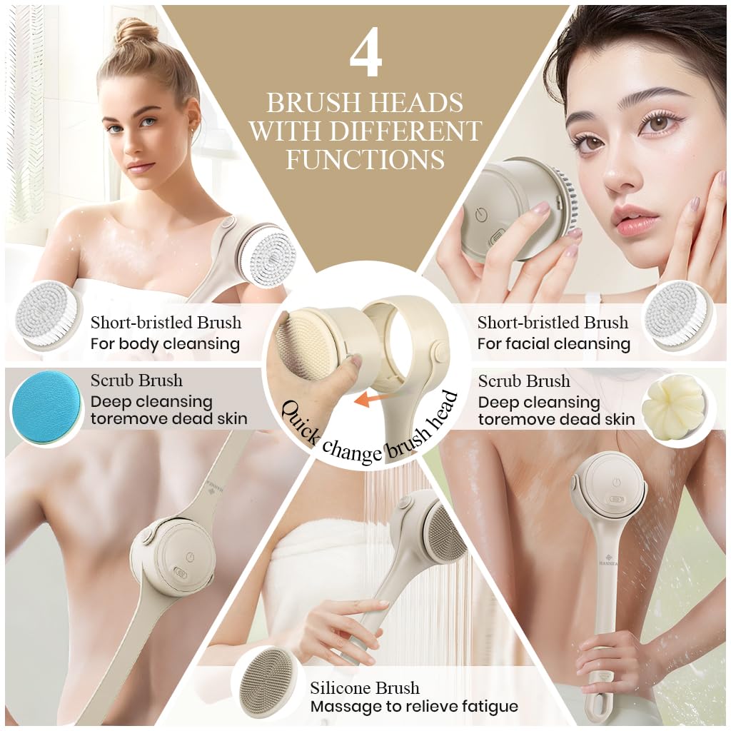 HANNEA Electric Bath Brush with 4 Heads and 2 Modes for Exfoliation and Dual Handle Design