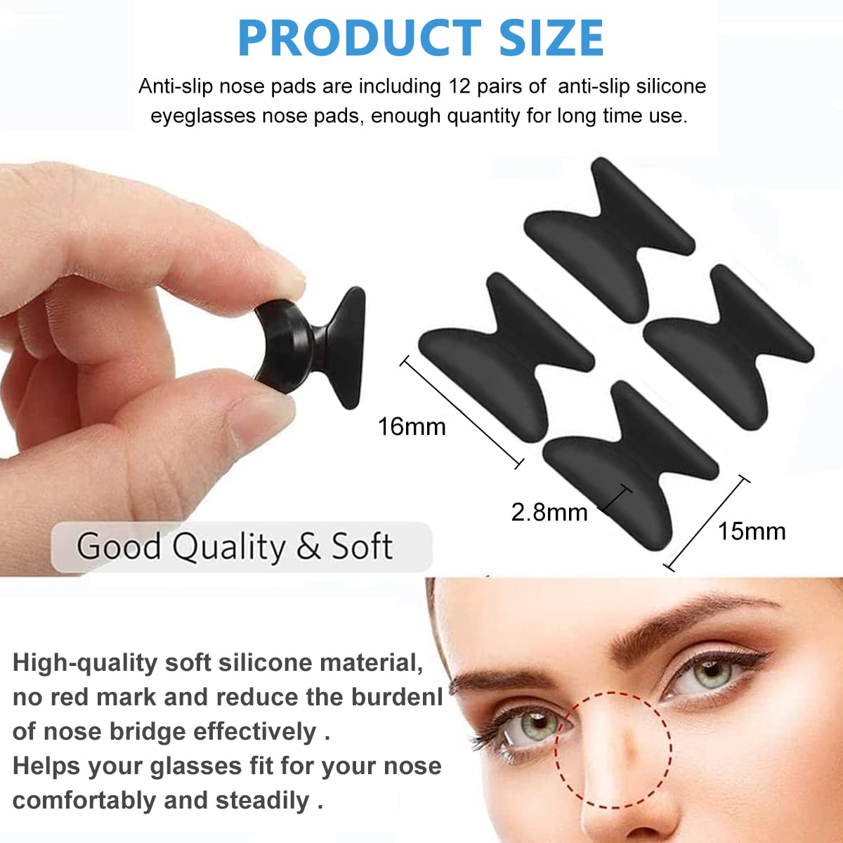 MAYCREATE Eyeglass Nose Pads 12 Pairs for Full Plastic Frames with Anti Slip Air Chamber | Soft Silicone Self Adhesive Replacement Pads