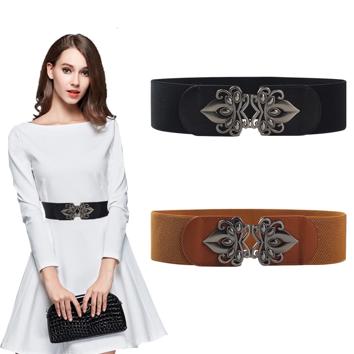 PALAY® 2Pcs Belt for Women, Vintage Wide Stretch Waist Belt for Women Dresses, Elastic Slim Belt Cinch Belt with Interlocking Buckle - Black & Brown