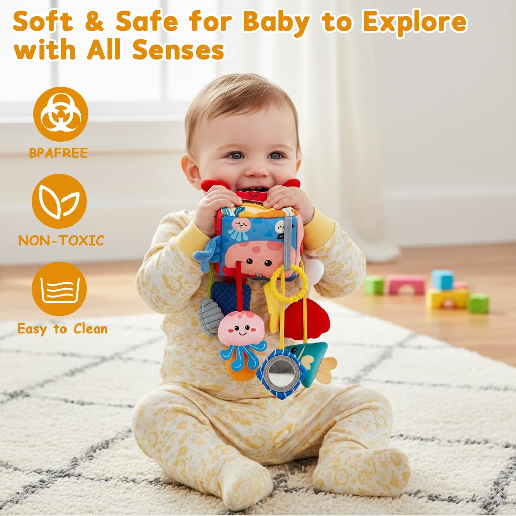 SNOWIE SOFT Baby Hanging Stroller Toy for Infants with Open Ring Clasp and Plush Fabric | Interactive Squeaky Pendants for Travel and Crib Play