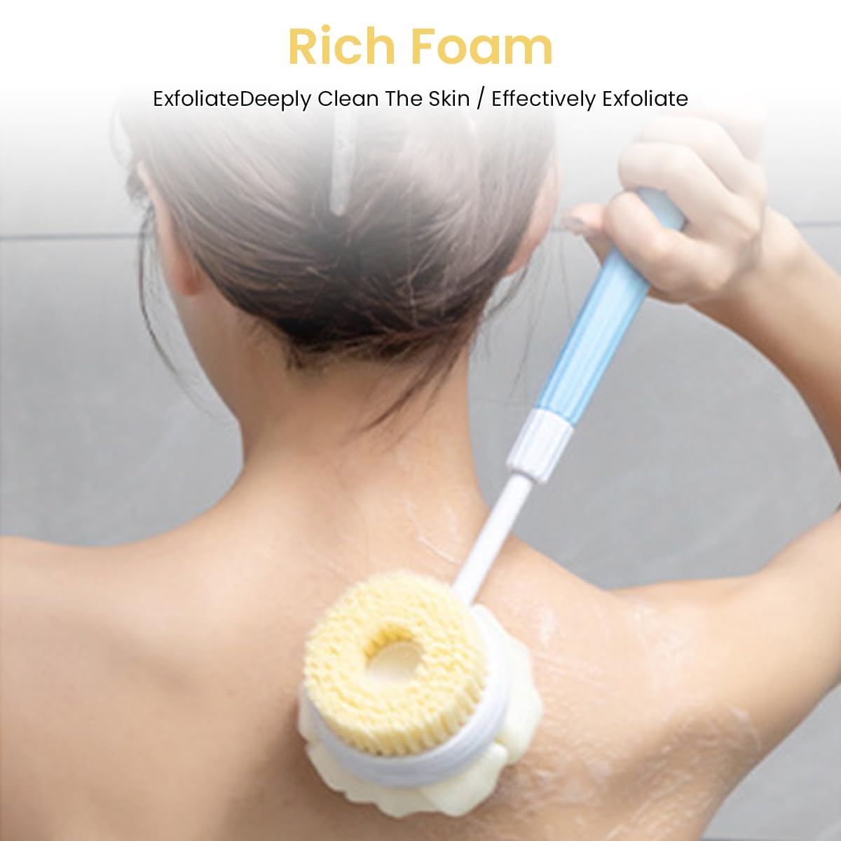 MAYCREATE Silicone Body Scrubber for Shower with 14.9 in Long Handle and Double Sided Design | Gentle Exfoliation for Men and Women