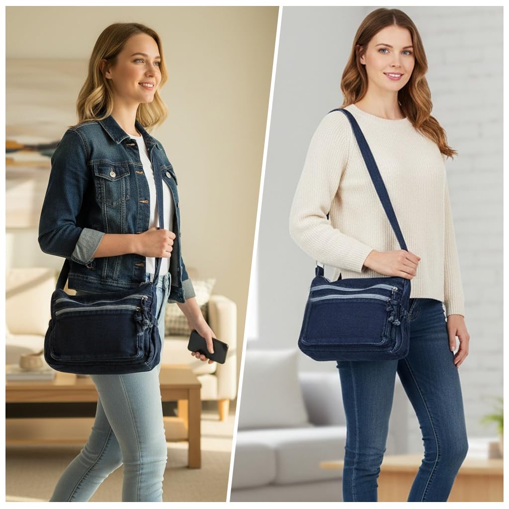 Zibuyu Womens Denim Tote Bag for Travel and Work with Adjustable Strap | Light Blue Canvas Purse