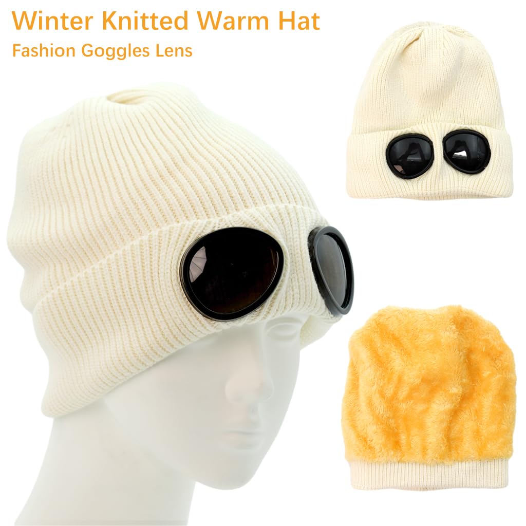 PALAY Knitted Beanie Hat for Winter Warmth with Built In Goggles in Beige | Unisex Style