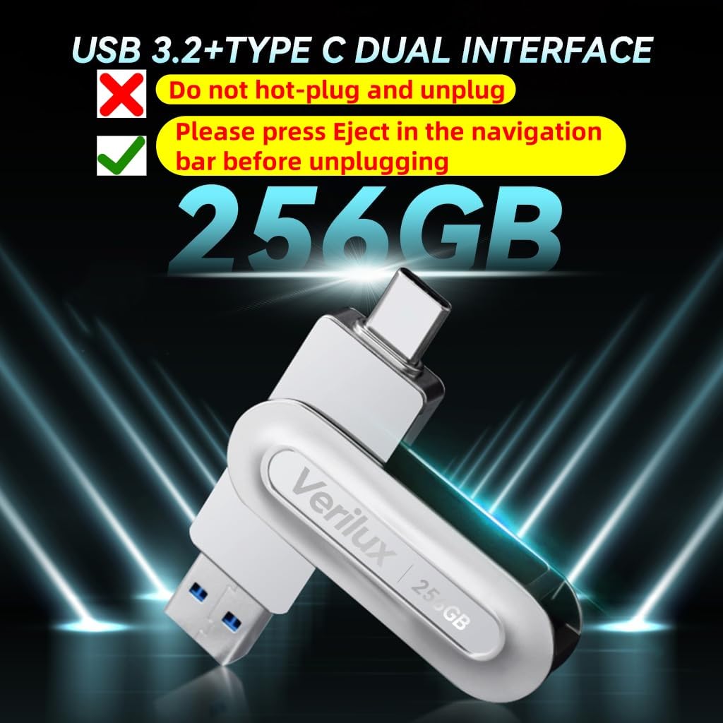 Verilux Pendrive 256GB for iPhone and Android with USB C & A featuring 360° Rotation Design