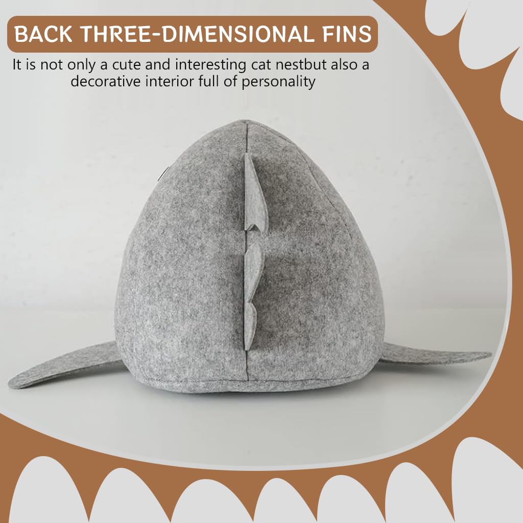 Qpets Cat Bed for All Season Comfort featuring Shark Mouth Design and Washable Cushion | Plush Felt Nest with Hanging Toy