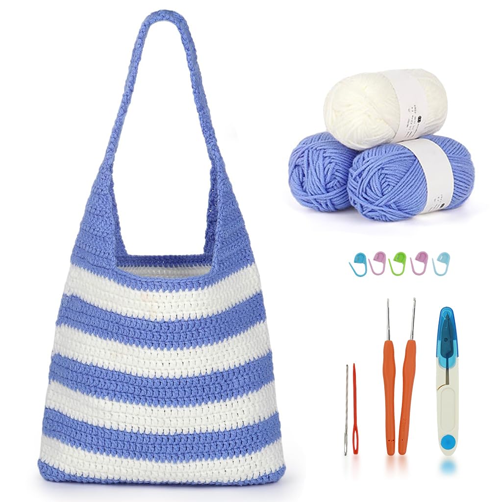 HASTHIP® DIY Crochet Bag Material Kit Beginners Blue White Stripy Fashion Crochet Tote Bag Material Kit with Yarn, Crochet Hook, Tools & Accessories, Tutorial Video, DIY Crochet Kit for Adult