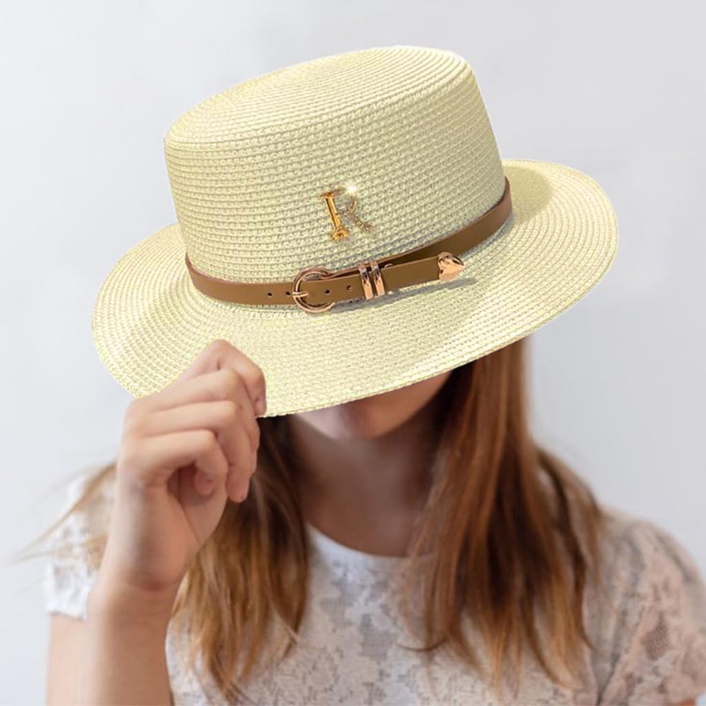 Venzina Straw Hat for Women featuring Leather Belt and Letter Charms 56–58cm Milk White | UV Protection Beach Hat