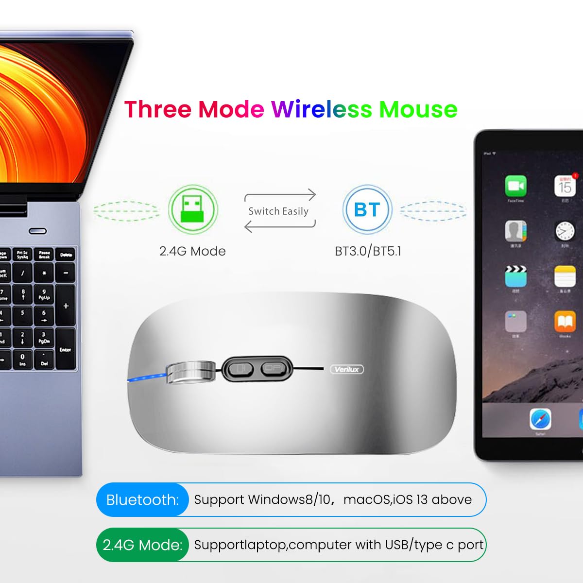 Verilux Wireless Mouse Rechargeable with Visible Battery Level 3 Modes 1600DPI Silver | for Laptop Mac PC iPad