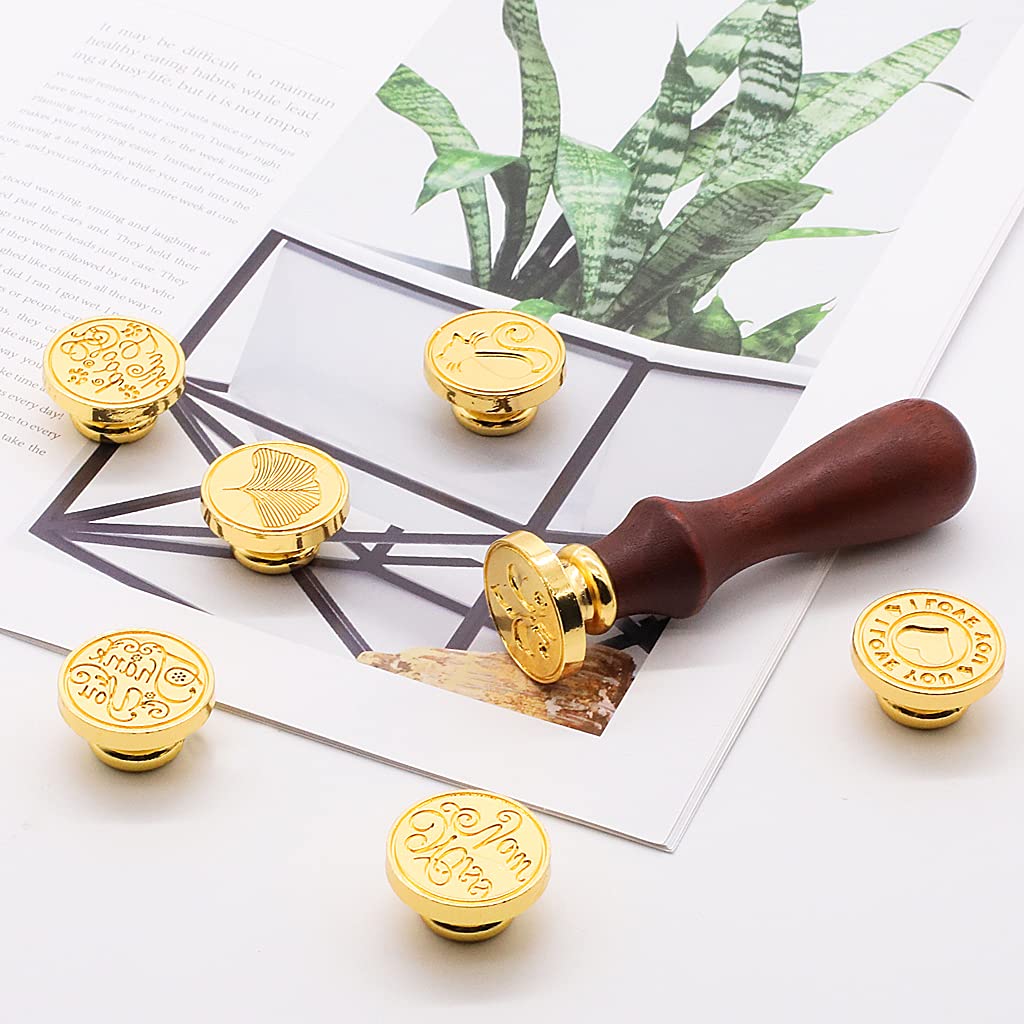 HASTHIP Wax Seal Stamp Set for Invitations and Gifts with 7 Copper Seals & Wooden Hilt | 2.5 cm Stamp Diameter