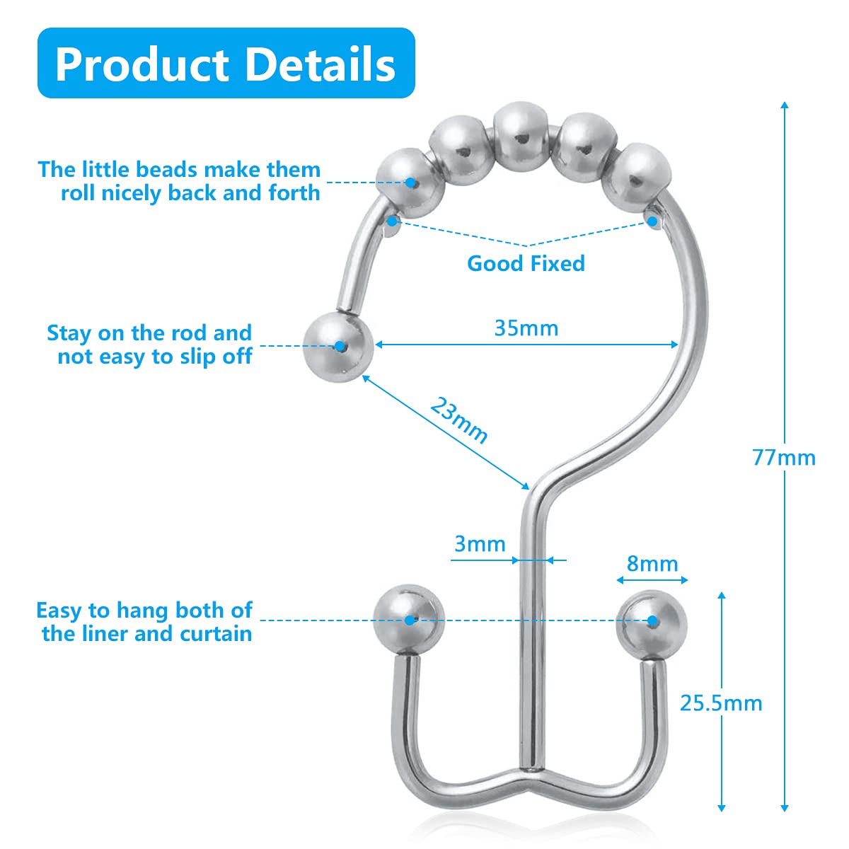 ELEPHANTBOAT Curtain Rings for Shower Rods featuring Double Hooks and Roller Balls | Stainless Steel Set of 10