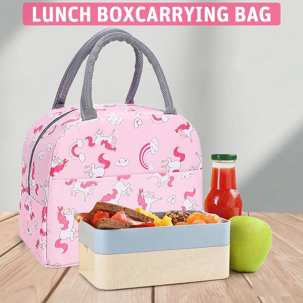Zibuyu Nylon Lunch Bag for School and Office with Leak Proof Insulation | 21x11x19 cm Pink Unicorn