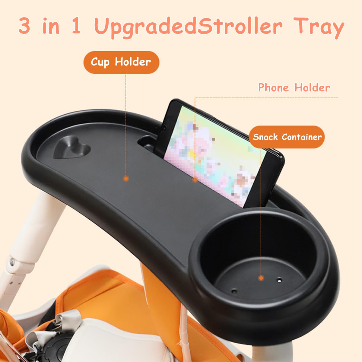 SNOWIE SOFT® Baby Stroller Cup Holder 3 in 1 Baby Stroller Food Tray for Travel Universal Adjustable Stroller Food Tray with Cup Holder & Phone Holder Baby Stroller Modification Accessory