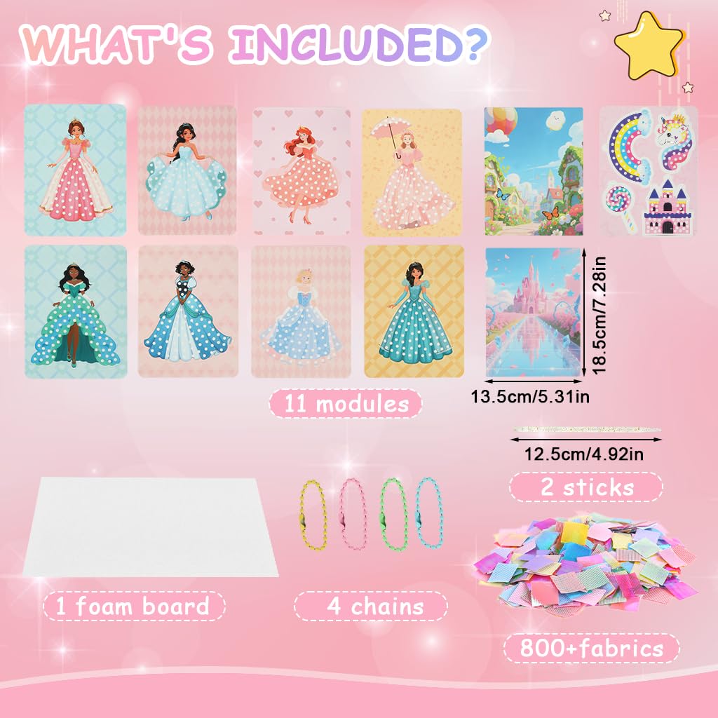 PATPAT DIY Poke-Fun Art Book for Kids with 8 Princess Cards and 800 Dressing Fabrics | Portable Travel Craft Set