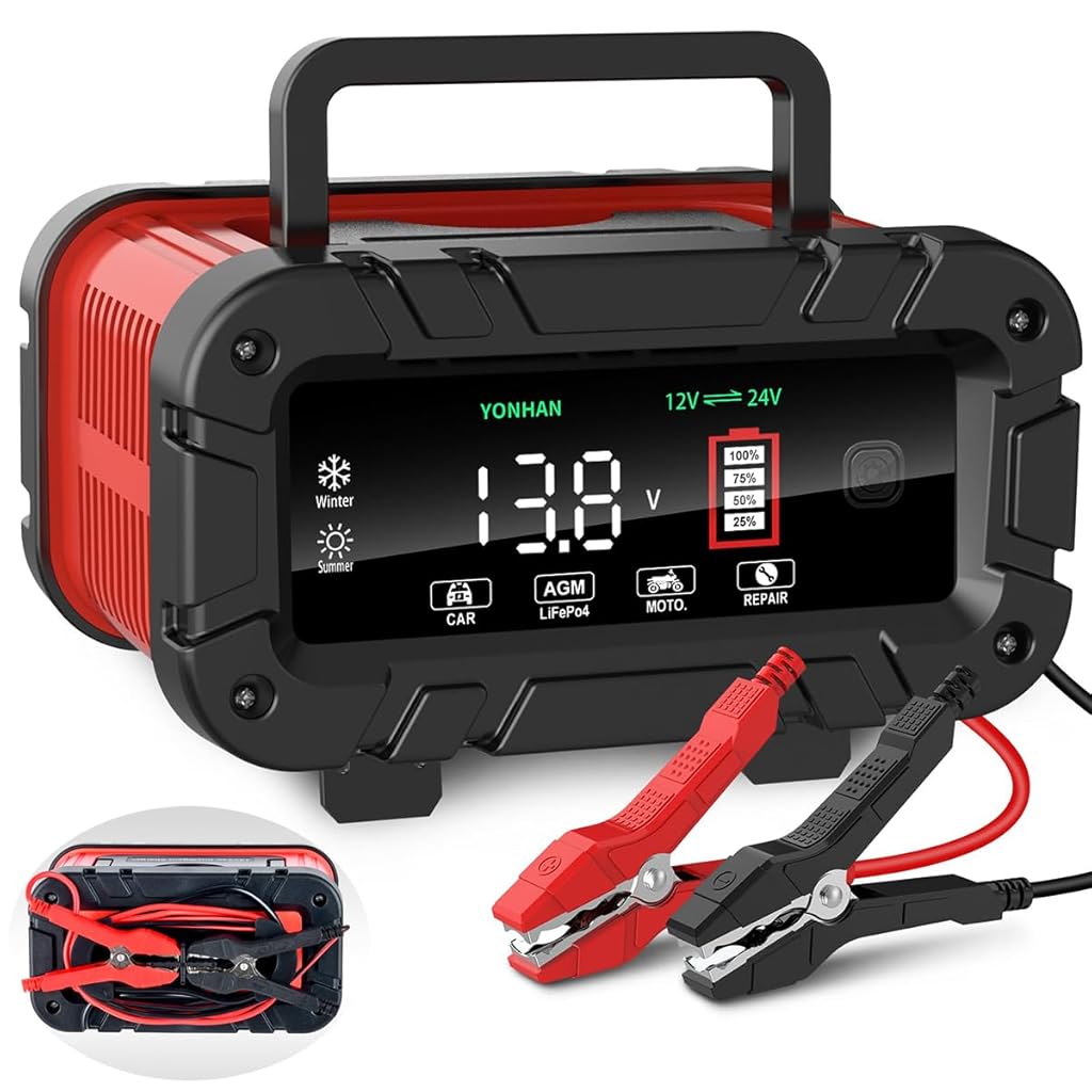 STHIRA® 12V/24V Smart Car Battery Charger, Full Automatic with Repair Mode Bike Battery Charger, LCD Display & Safety Protection, LiFePO4/Lead Acid Battery Charger for Car, Bike, Lawn Mower Batteries