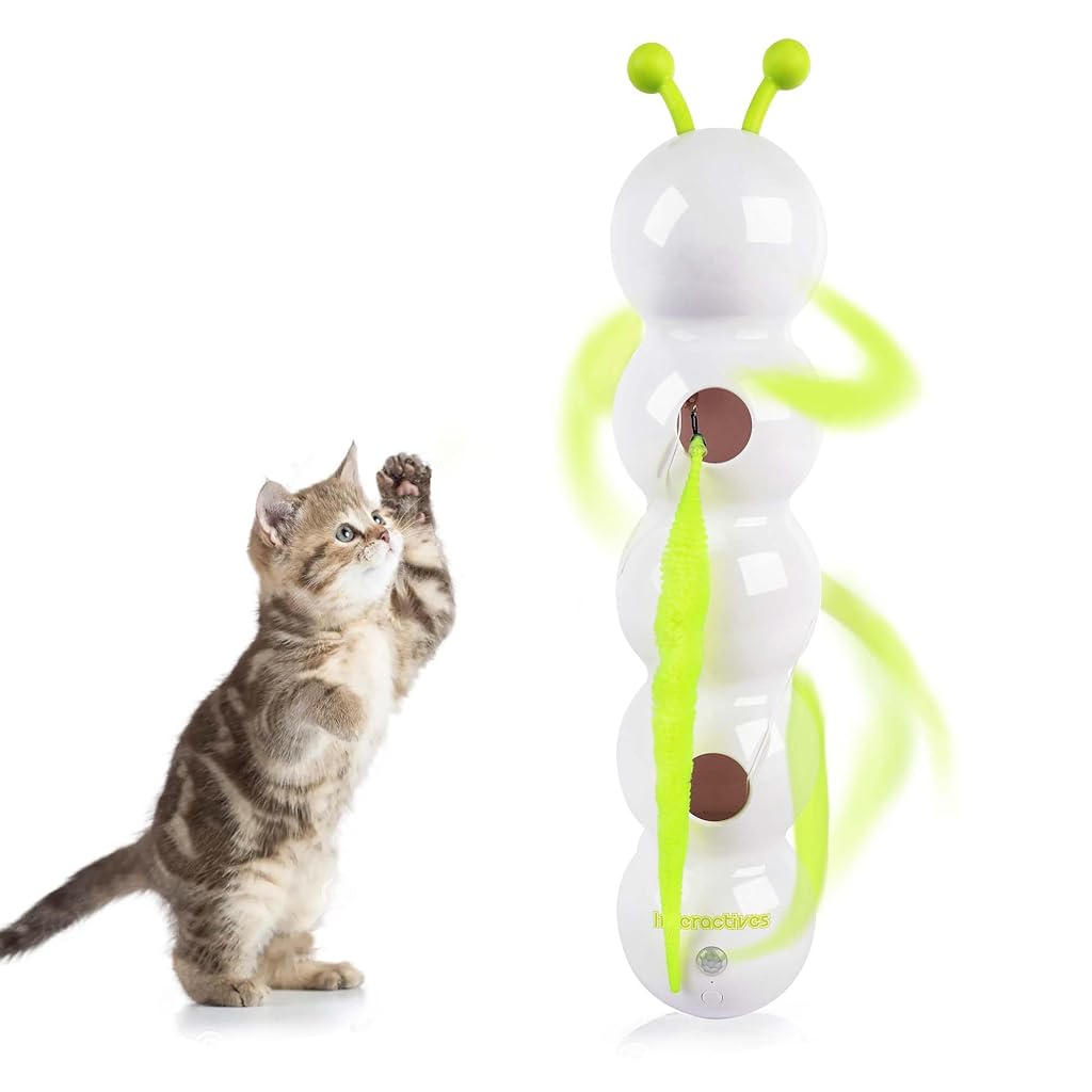 Qpets® Electric Cat Teaser Toy, Interactive Caterpillar Plush Teasing Tail Toy with Suction Cup Cat Bordom Self-entertained