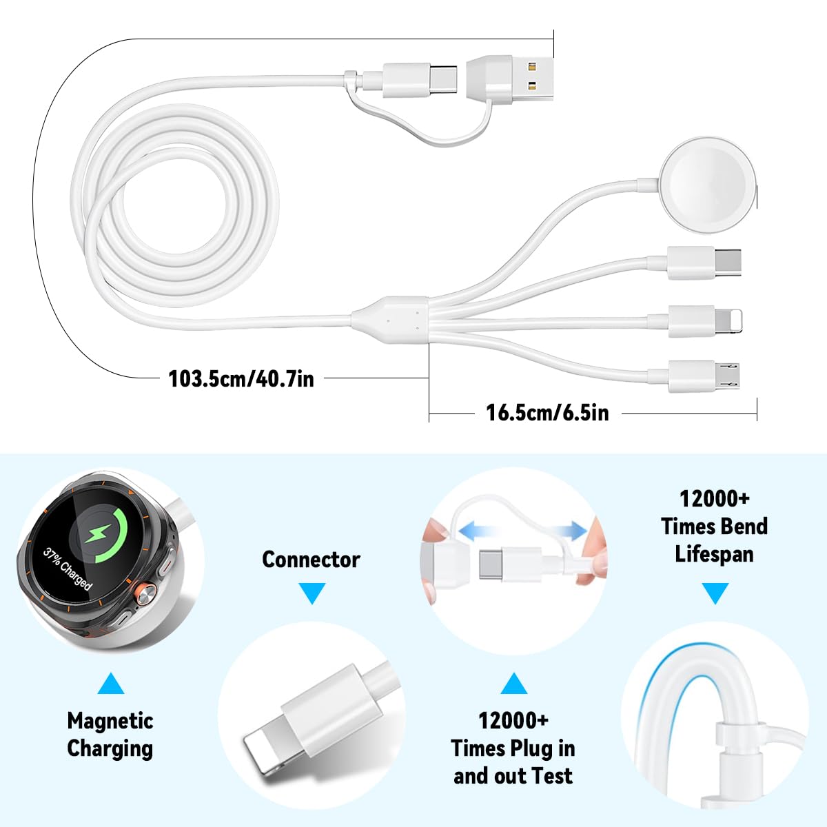 Verilux Multi Type C Cable 4 in 2 3.9 ft for iPhone and Galaxy featuring Magnetic Watch Charger | USB C to C Micro USB and Lightning Connectors