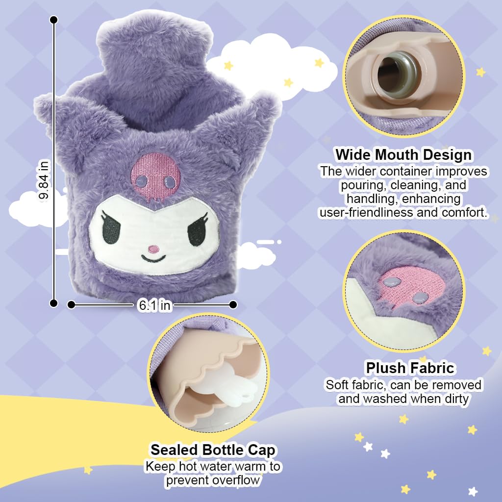 HANNEA Kuromi Hot Water Bag Set for Period Pain Relief with 1000ml PVC Bottle and Plush Cover