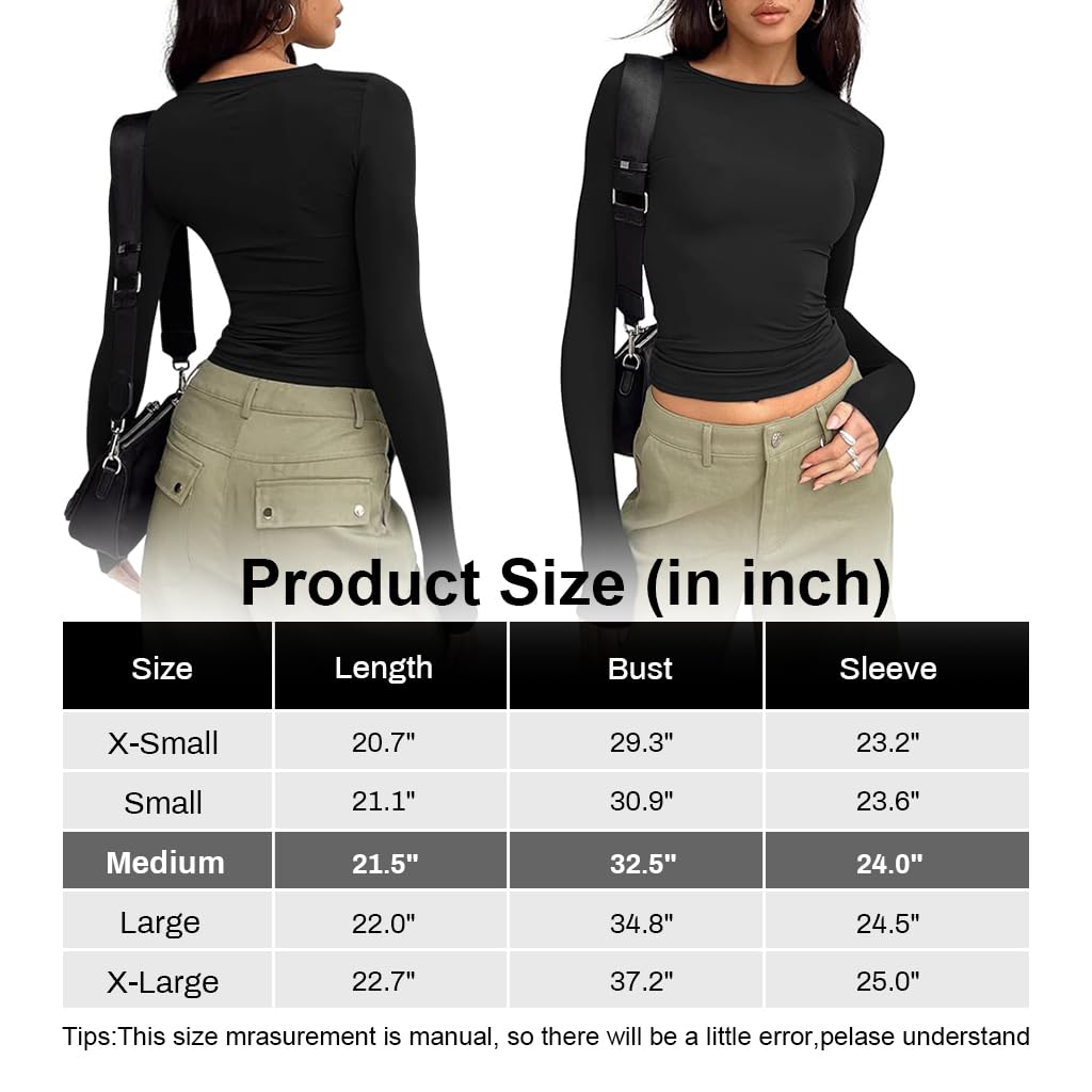 PALAY Women Basic Top for All Season Layering with Stretch Fit Crew Neck | 88% Polyester 12% Spandex Slim Crop Shirt Size M