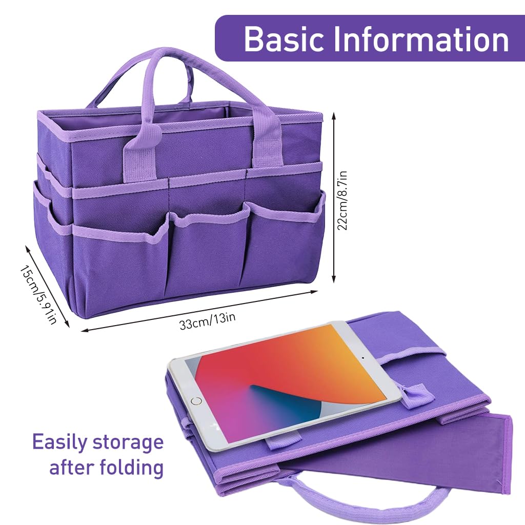 HASTHIP Art Supplies Organizer for Craft Storage with Multi Pockets and Handles 13x6x8.6 in | Oxford Fabric Purple Tote for Teachers and Artists