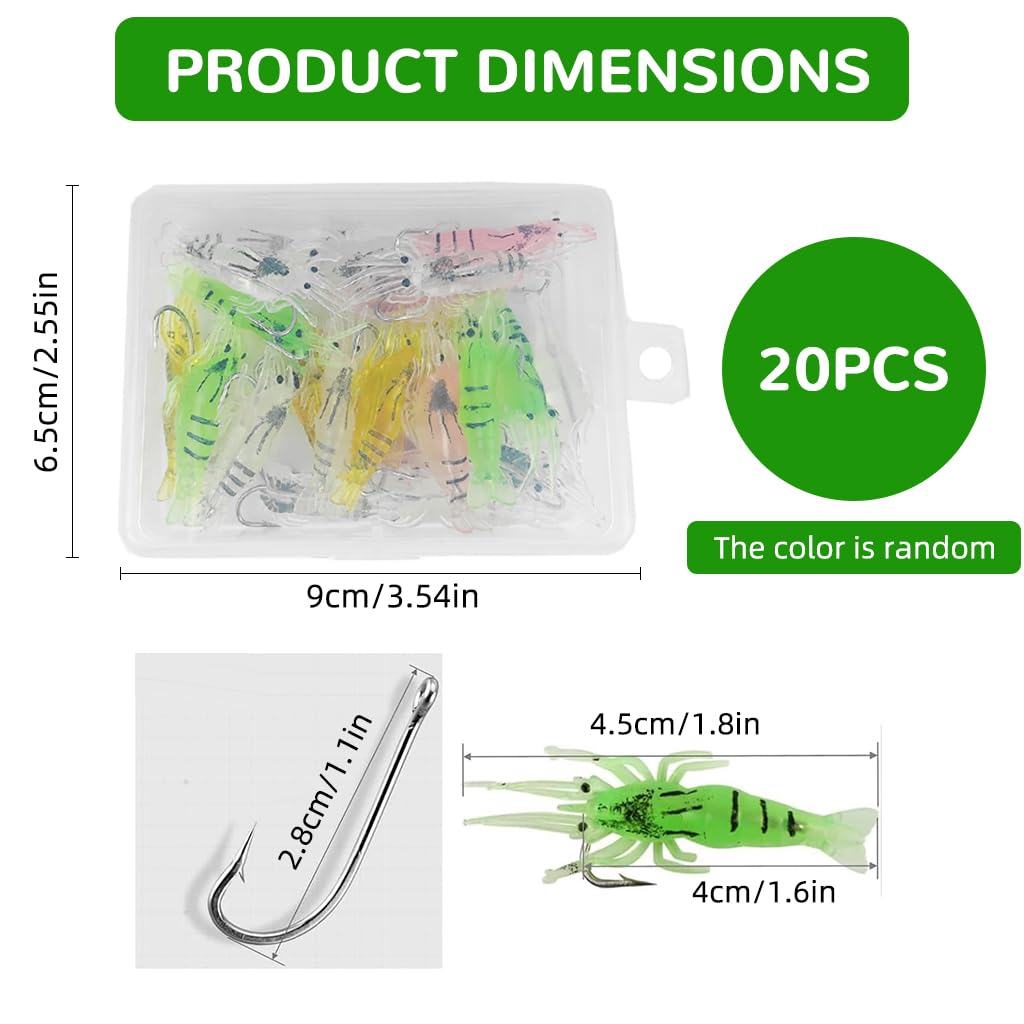 Proberos Fishing Lures Kit 20 pcs 1.6 in Shrimp Shape Baits with J Hook & 6 Colors for Freshwater | Saltwater
