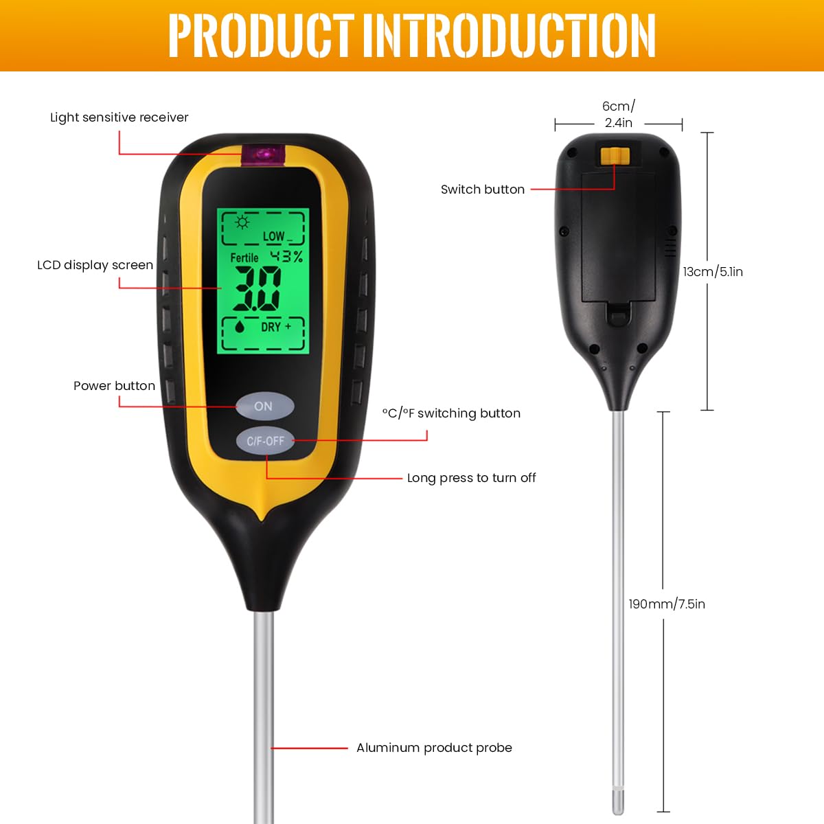 Serplex Soil Moisture Meter for Plants featuring 6 in 1 Sensor and Backlit LCD Display | PH Light Temp Fertility Tester