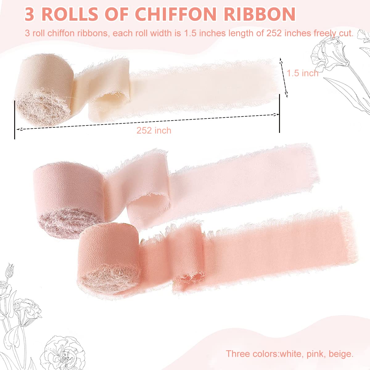 HASTHIP® 3 Rolls Chiffon Ribbons Set Fringe Fabric Silk-Like Ribbons for Gifts Wrapping, Wedding Invitations, Party Decoration, Bridal Bouquets, DIY Crafts(1.5