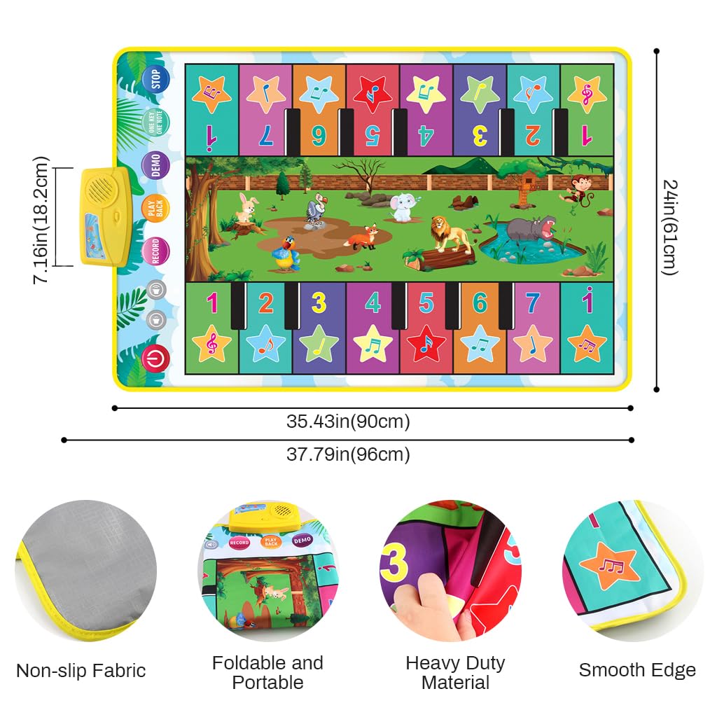 PATPAT Piano Mat for Kids with 16 Keys and 8 Instrument Sounds featuring Dual Row Design | 36 x 24 in Foldable Musical Floor Toy for Early Learning