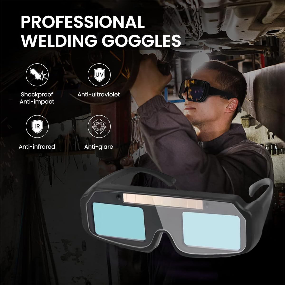 Serplex® Welding Goggles, Welding Eyeglasses with Head Strap Solar Powered Auto Darkening Welding Glasses with 15 Replacement Lens Anti-glare Protective Welder Glasses for Electric Work, Grinding