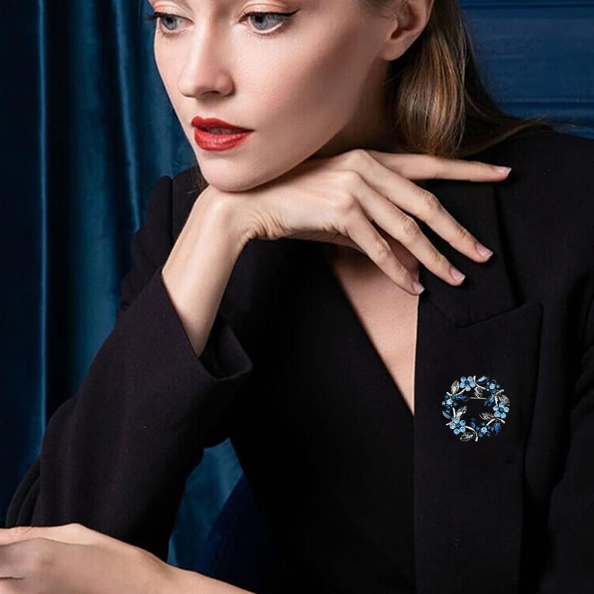 SANNIDHI Flower Brooch Pin for Women featuring Blue and Grey Rhinestone Wreath Design