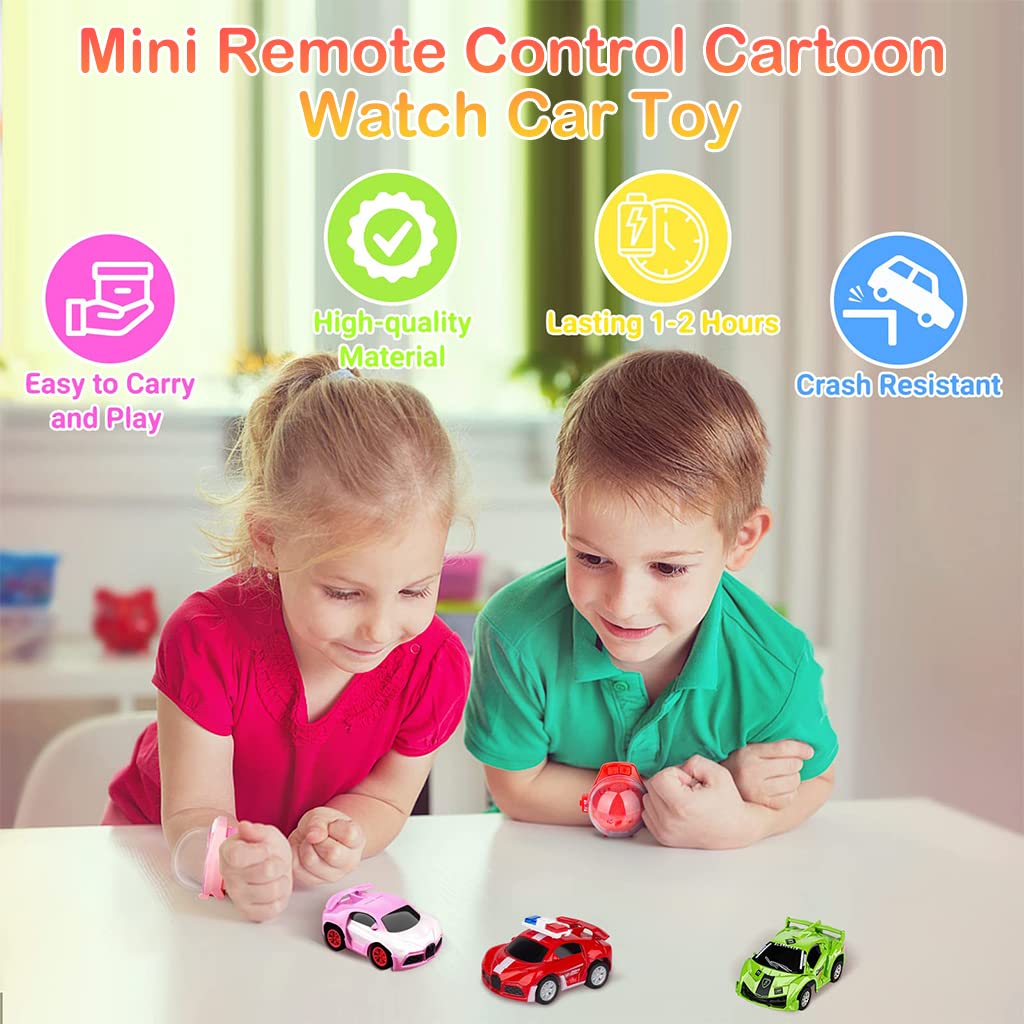 PATPAT® Mini Remote Control Watch Car 2.4 GHz Cartoon Watch Car Toy, USB Rechareable Remote Control Toy Car, Wrist Racing Car Watch Cartoon RC Car Birthday Christmas Gift for Kids Boys Girls-Red