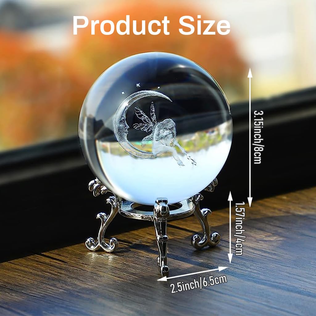 HASTHIP® 8cm/3.15inch 3D Moon & Fairy Crystal Ball, Glass Sphere Laser Engraved Ball with Sliver-Plated Flowering Stand, Christmas Home Decor Desk Ornament Birthday Gift Festival Gift