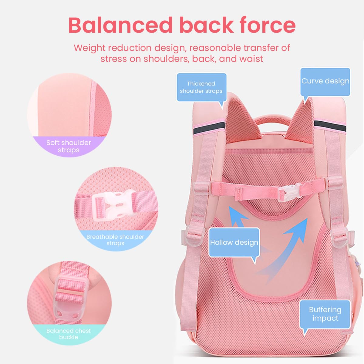 PALAY School Backpack for Girls 41×29×17cm with 3D Ergonomic Back and Pink Oxford Design