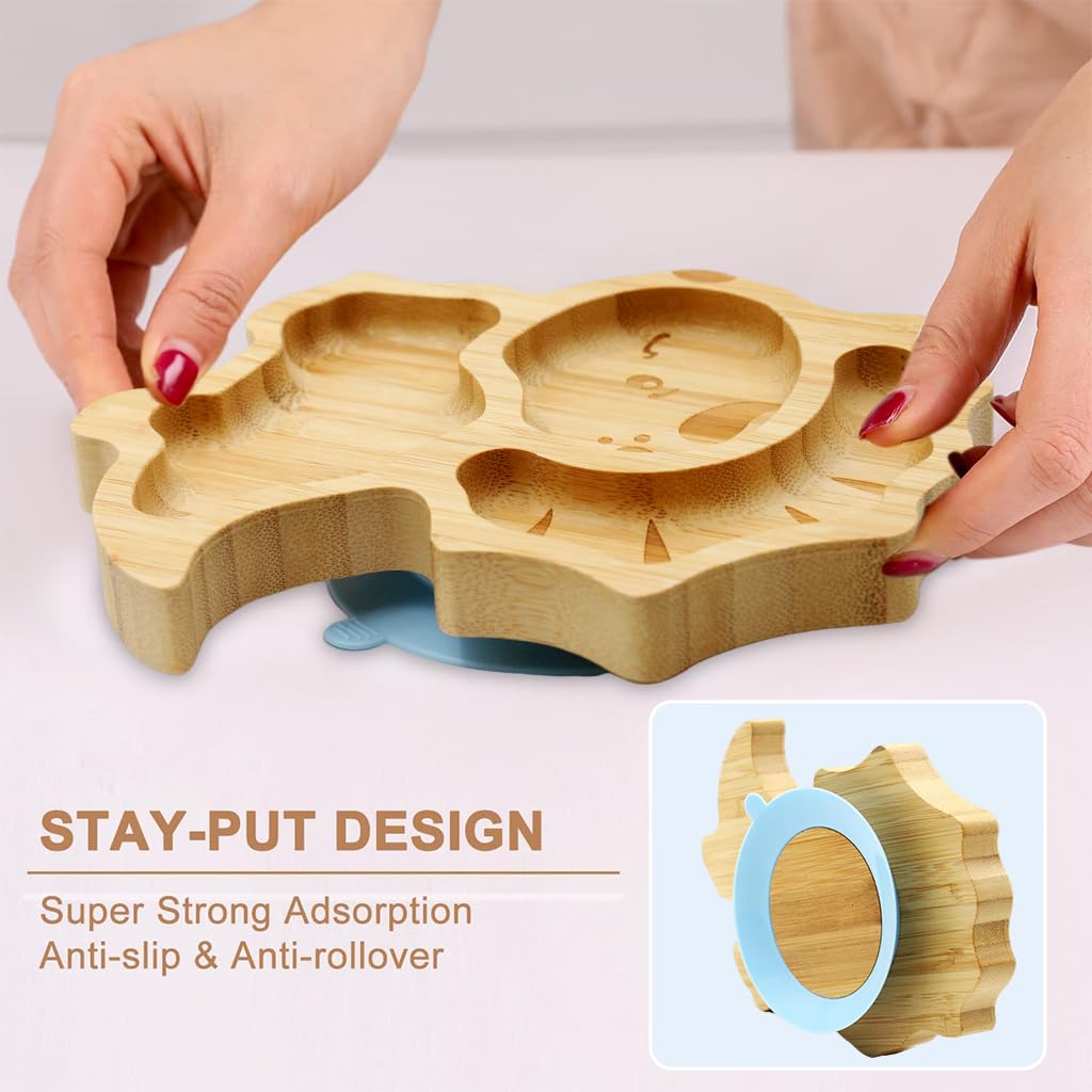 SNOWIE SOFT Baby Plate Kit for Toddlers with 4 Section Suction Cup | Bamboo and Silicone 3Pcs Set