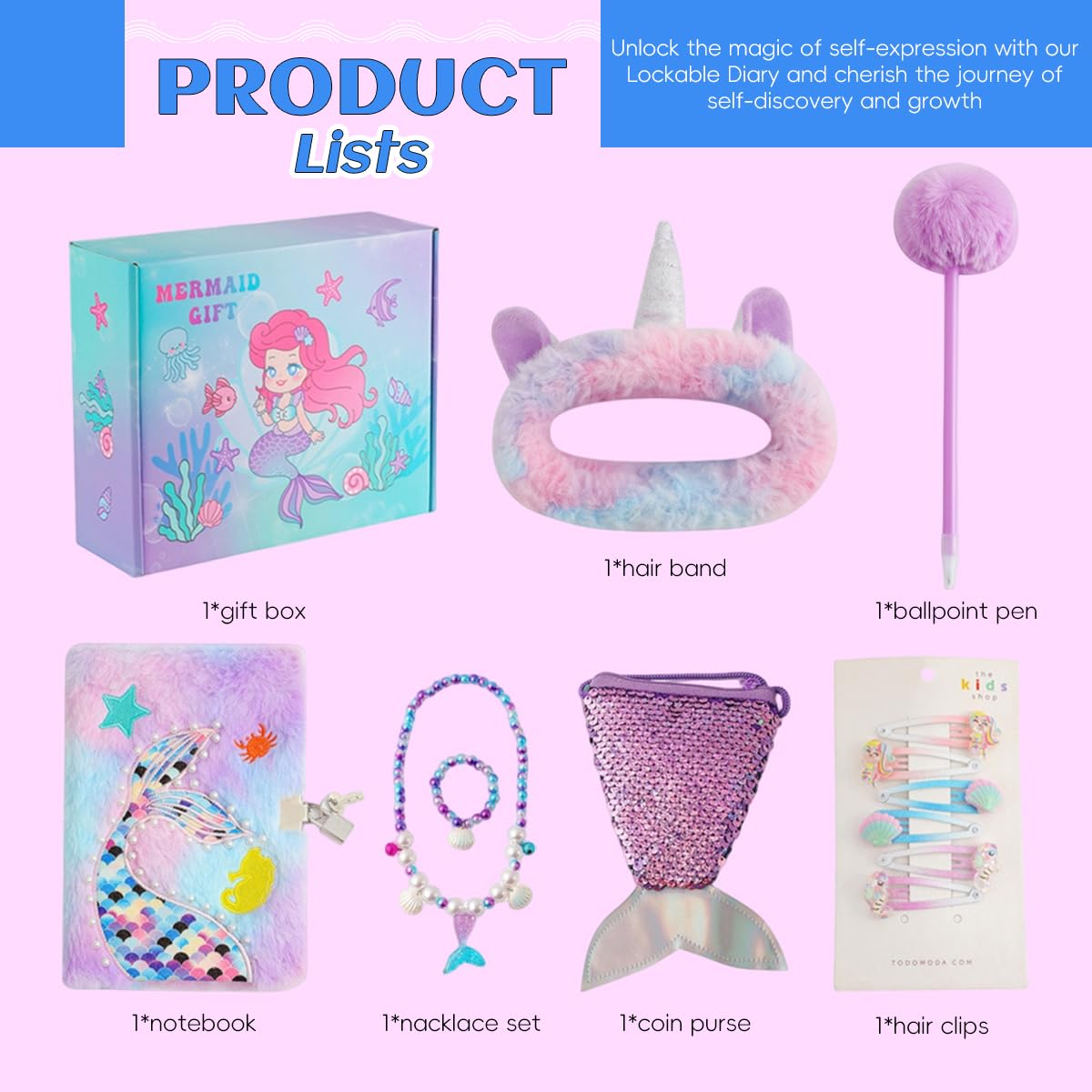 PATPAT Cute Mermaid Diary Gift Set for Girls with Lock and Plush Cover | Includes Hair Accessories, Purse and Jewelry