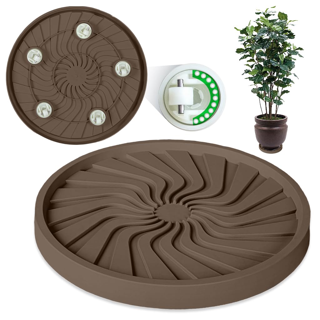HASTHIP Plant Pot Stand for Indoor and Outdoor Use with 360° Wheels and Spiral Ridged PP Tray | 37 cm Round Brown