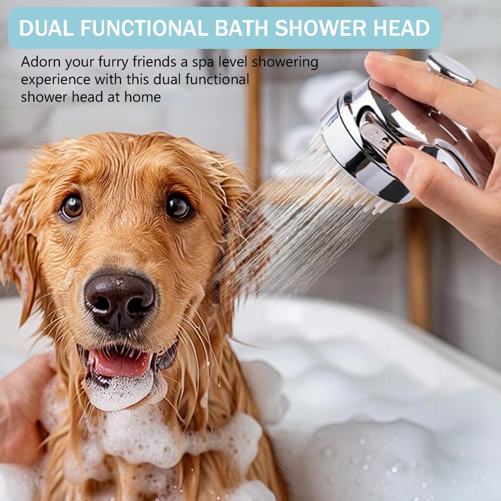 Qpets® Pet Shower Head Attachment with Dog Brush, 2 in 1 Grooming Tool Kit for Dogs and Cats, Pet Shower Head for All Breeds and Sizes - Easy Installation & Enhanced Cleaning